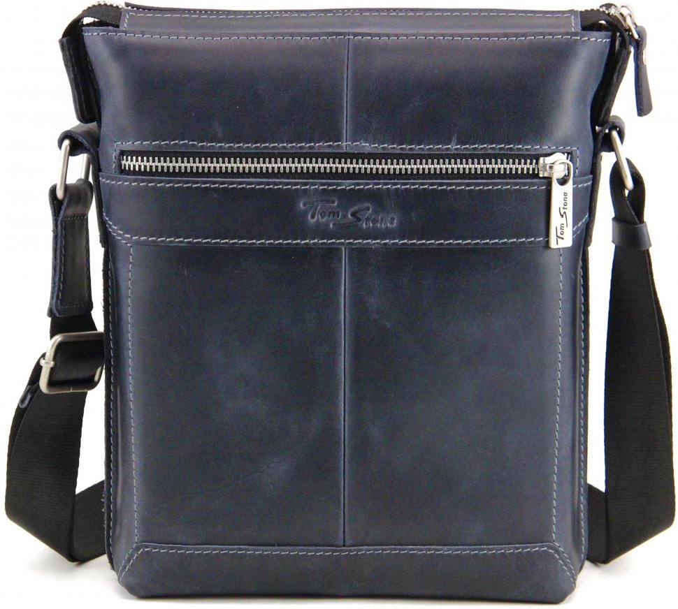 Наплечная вертикальная мужская сумка синего цвета из натуральной кожи Tom Stone (10953)