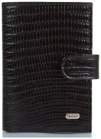 Черная обложка для автодокументов из натуральной кожи под рептилию с хлястиком на кнопке Desisan 80611