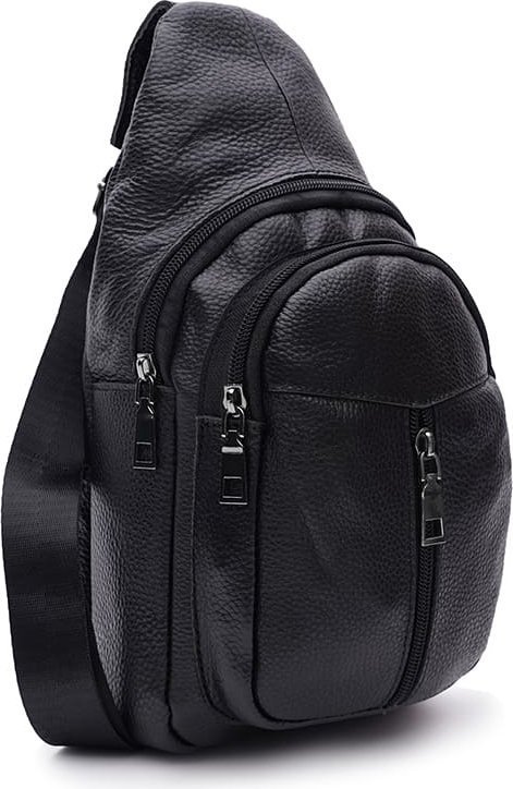 Чоловічий чорний шкіряний слінг-рюкзак середнього розміру з однією лямкою Keizer (22088)