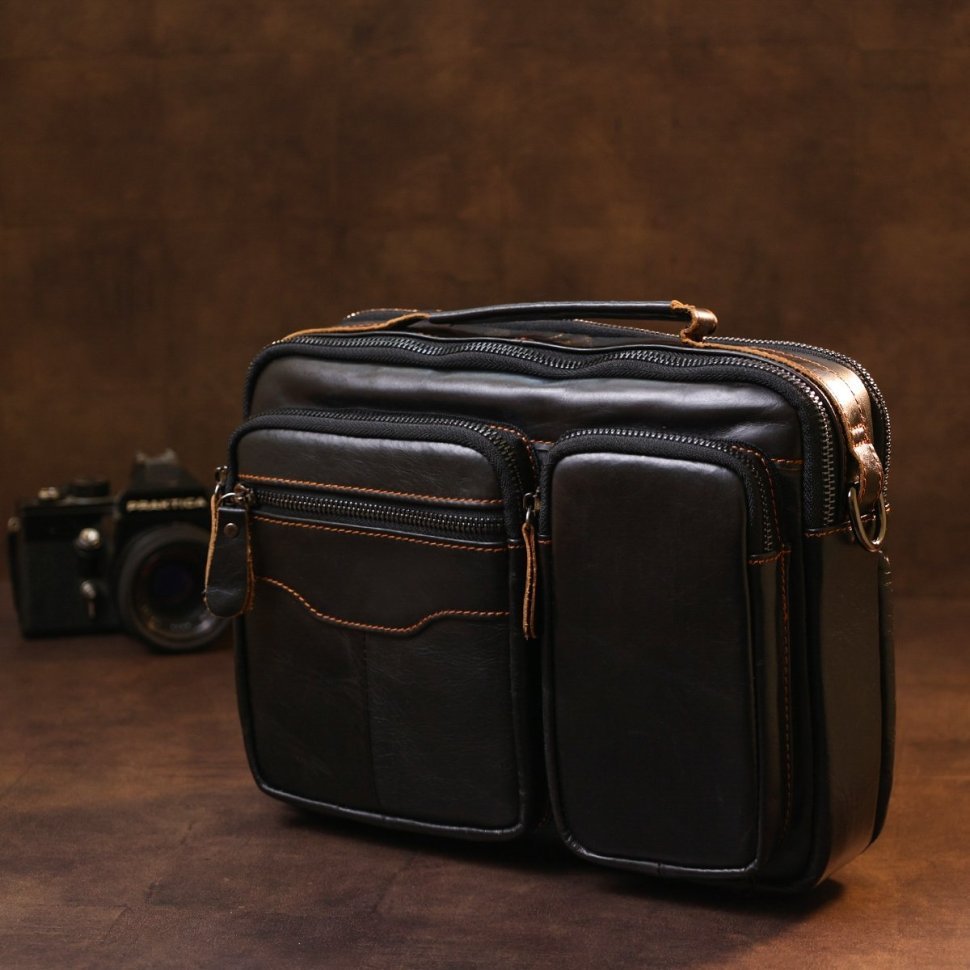 Чоловіча шкіряна сумка-барсетка з гладкої шкіри чорного кольору на два відсіки Vintage (2420469)