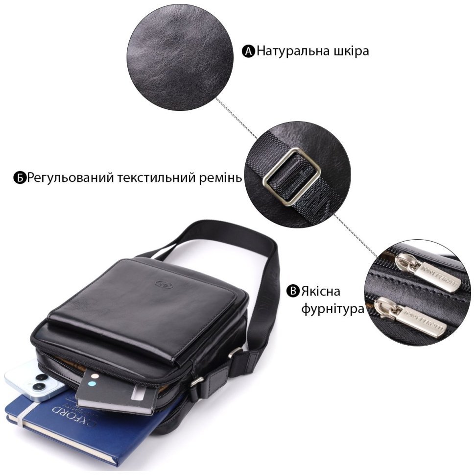 Мужская кожаная наплечная сумка Tony Perotti 103311 черного цвета modnotak фото №4