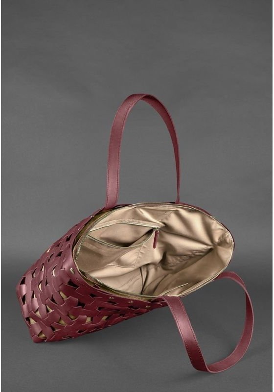 Шкіряна плетена сумка бордового кольору з довгими ручками BlankNote Пазл Xl (12783)