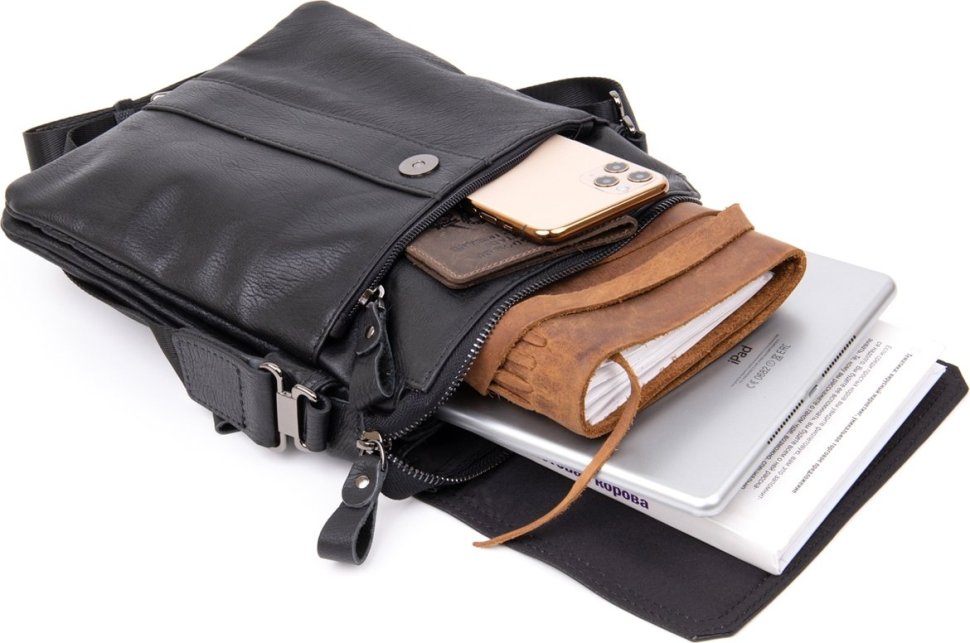 Черная сумка-планшет из фактурной кожи с клапаном Vintage (20442)