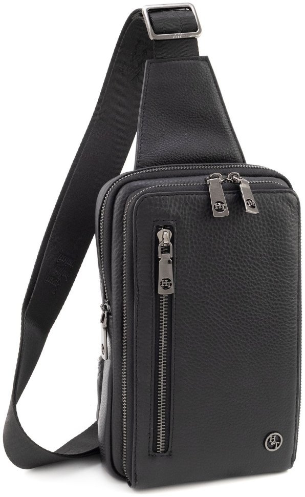Мужская кожаная сумка слинг через плечо H.T Leather 94511 (черного цвета) modnotak фото №1