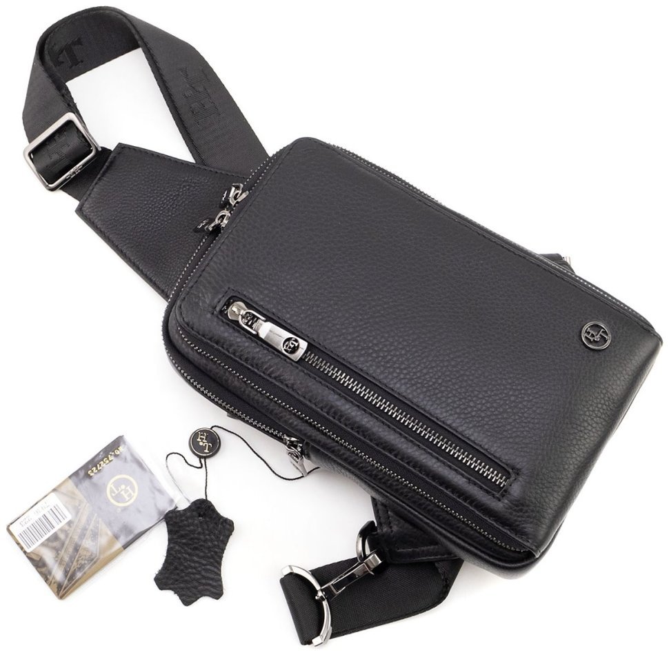 Мужская кожаная сумка слинг через плечо H.T Leather 94511 (черного цвета) modnotak фото №5