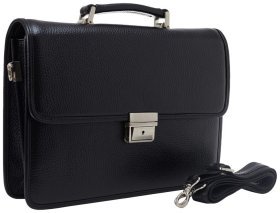 Каркасный мужской портфель из натуральной фактурной кожи с плечевым ремнем Desisan 107011 черного цвета