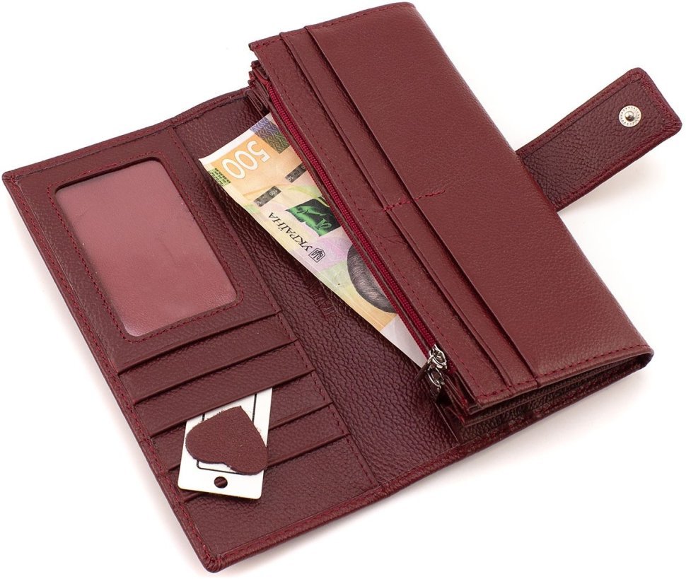 Шкіряний жіночий гаманець бордового кольору з хлястиком на кнопці ST Leather 1767411