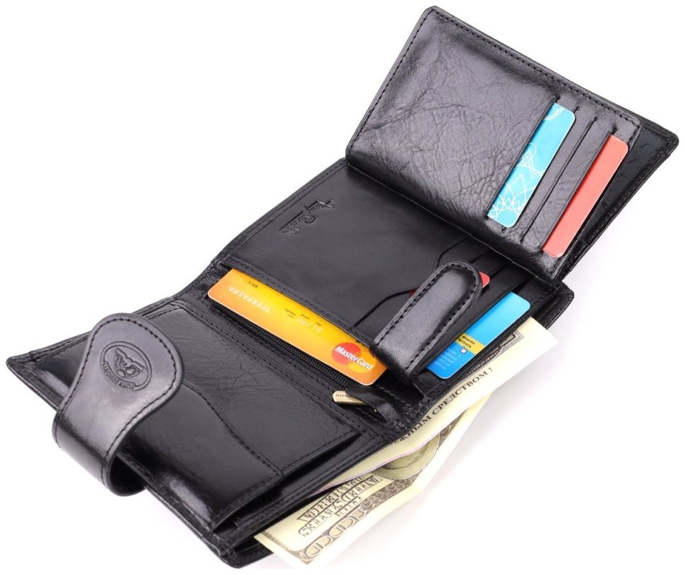 Компактный кошелек из гладкой кожи черного цвета на кнопке с монетницей Tony Perotti 108511 modnotak фото №8