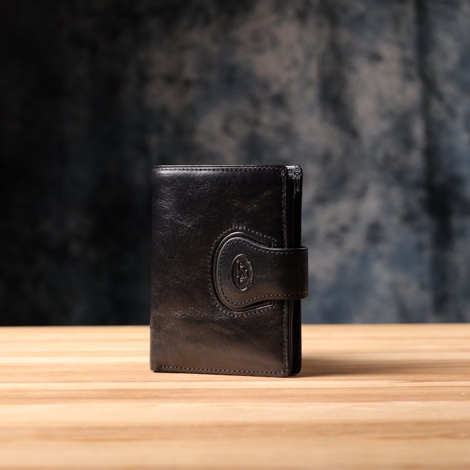 Компактный кошелек из гладкой кожи черного цвета на кнопке с монетницей Tony Perotti 108511 modnotak фото №10