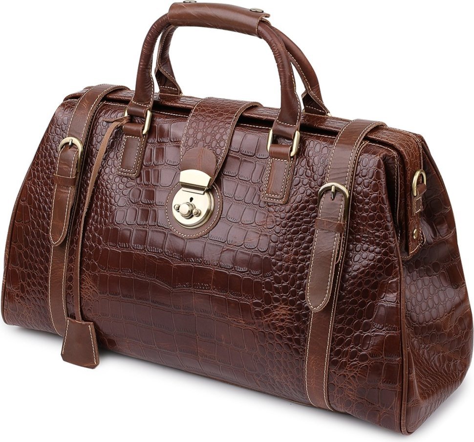 Кожаная добротная дорожная сумка коричневого цвета с фактурой под рептилию Vintage (14285)