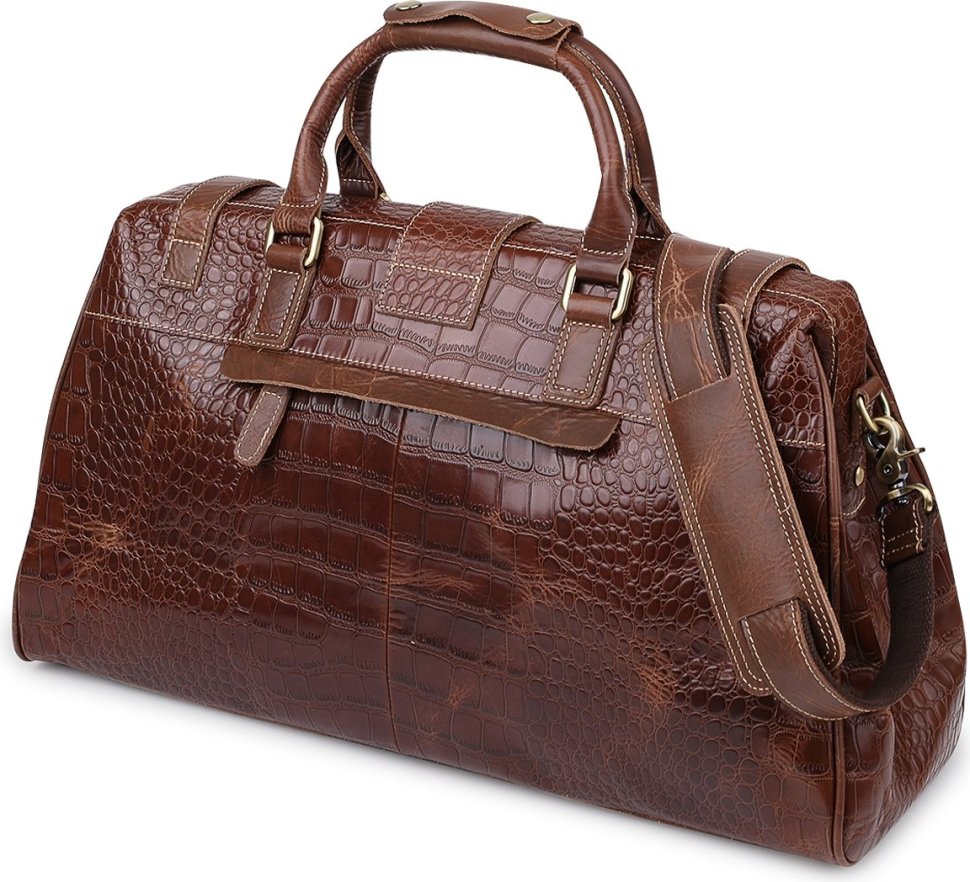 Шкіряна добротна дорожня сумка коричневого кольору з фактурою під рептилію Vintage (14285)