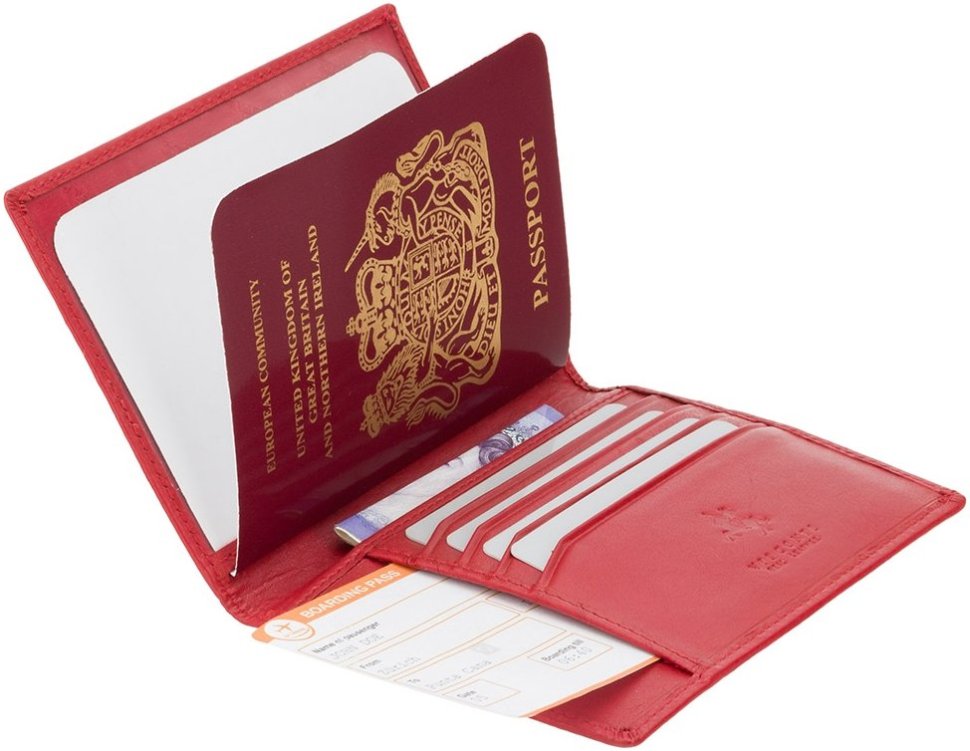 Шкіряна жіноча обкладинка червоного кольору для паспорта та пластикових карток Visconti Polo 68811