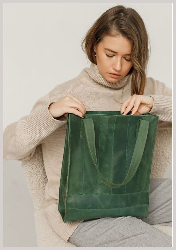 Винтажная женская сумка-шоппер из натуральной кожи зеленого цвета BlankNote Бэтси 78911