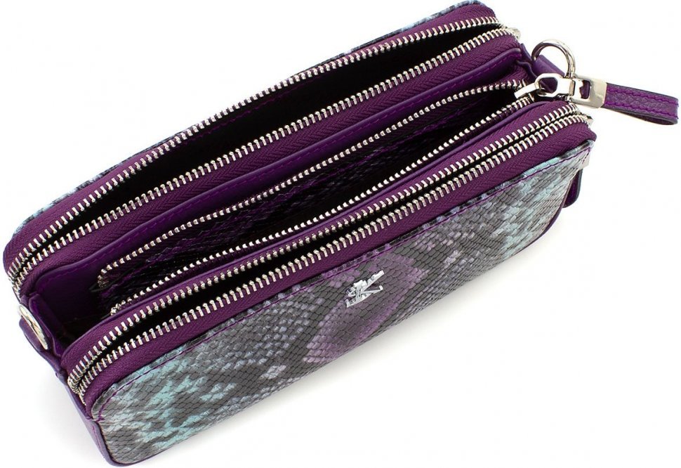 Фиолетовая женская сумка-кроссбоди на три автономных отдела с фактурой под змею KARYA (19611)