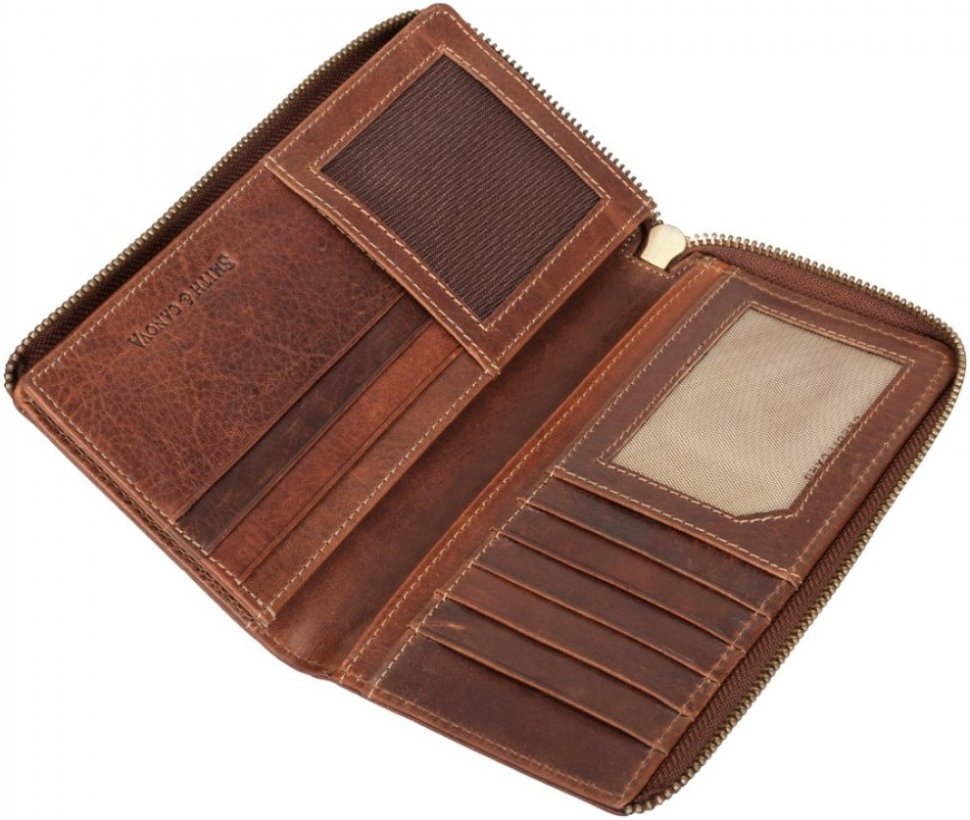 Чоловічий коричневий гаманець із вінтажної шкіри на блискавці Smith&Canova Romano 69711