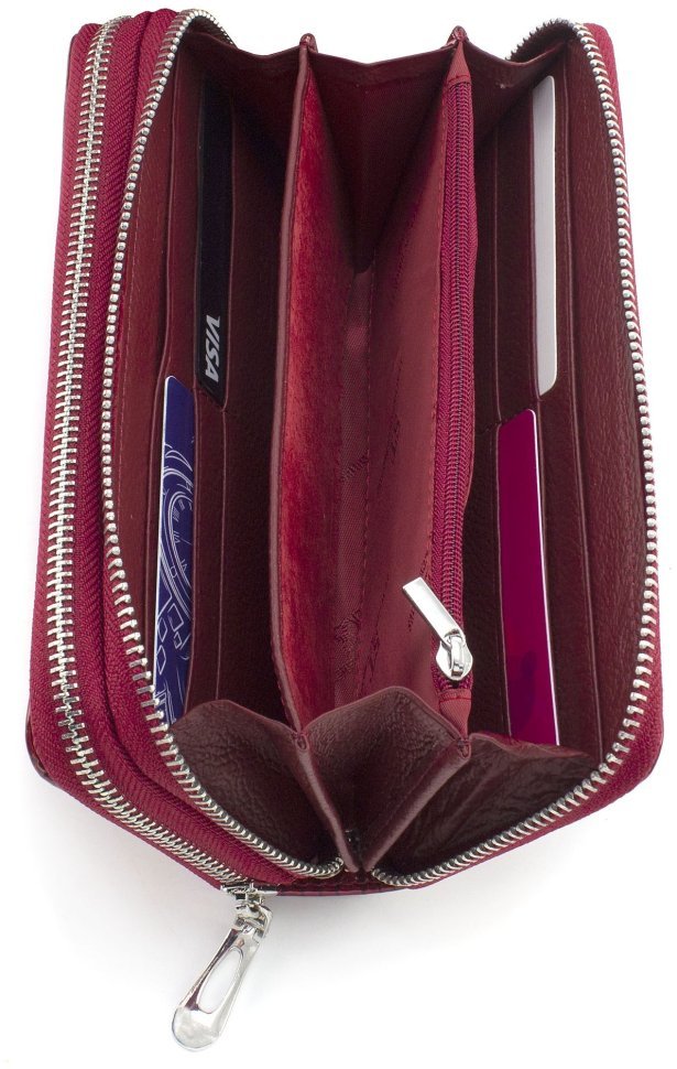Місткий жіночий гаманець із лакованої шкіри червоного кольору на дві блискавки ST Leather 70812