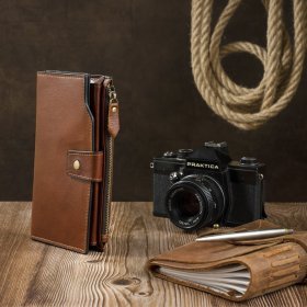 Коричневий гаманець клатч на кнопці з натуральної шкіри VINTAGE STYLE (14372)