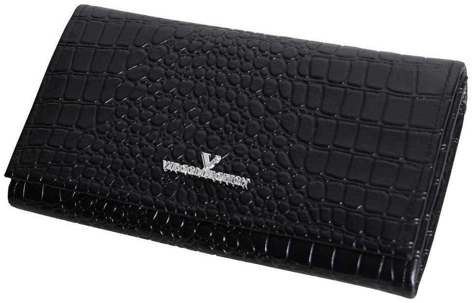 Великий жіночий гаманець на кнопці з фактурою під крокодила Vip Collection 102612 (чорний) modnotak фото №1