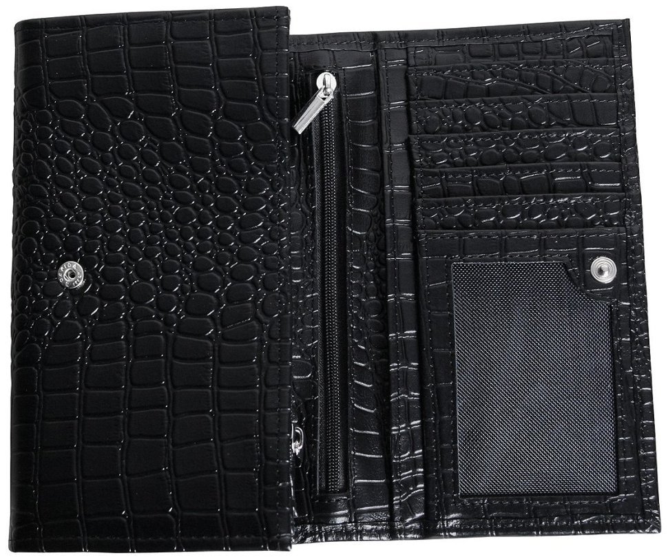 Великий жіночий гаманець на кнопці з фактурою під крокодила Vip Collection 102612 (чорний) modnotak фото №3