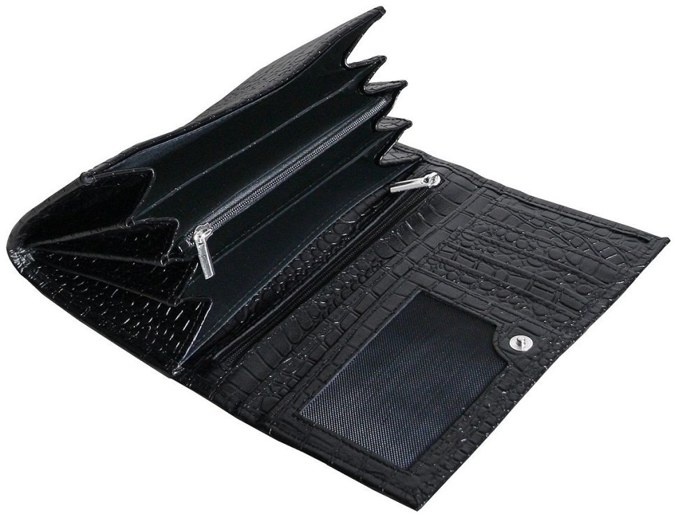 Великий жіночий гаманець на кнопці з фактурою під крокодила Vip Collection 102612 (чорний) modnotak фото №4