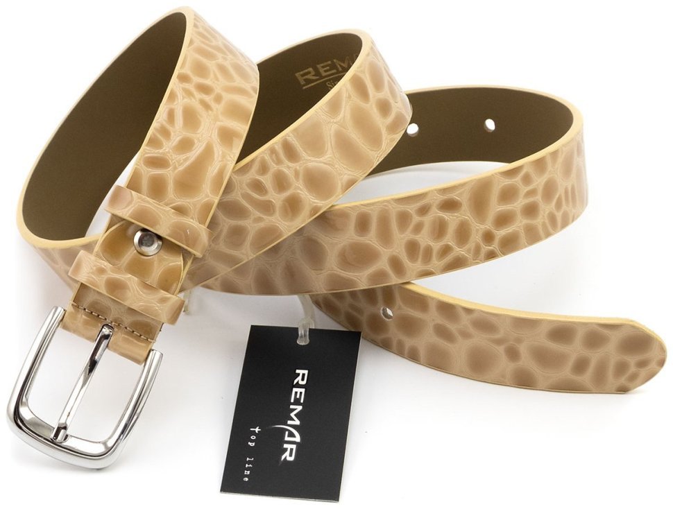 Ремень женский кожаный лаковый фактура под рептилию Leather Collection 30117 бежевый modnotak фото №3