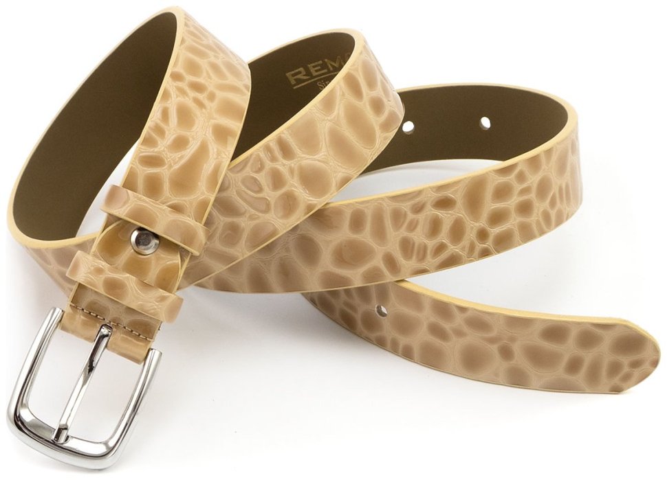 Ремень женский кожаный лаковый фактура под рептилию Leather Collection 30117 бежевый modnotak фото №4