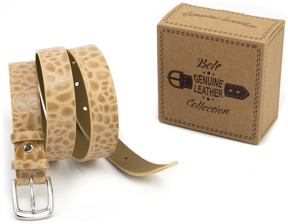 Ремень женский кожаный лаковый фактура под рептилию Leather Collection 30117 бежевый modnotak фото №5