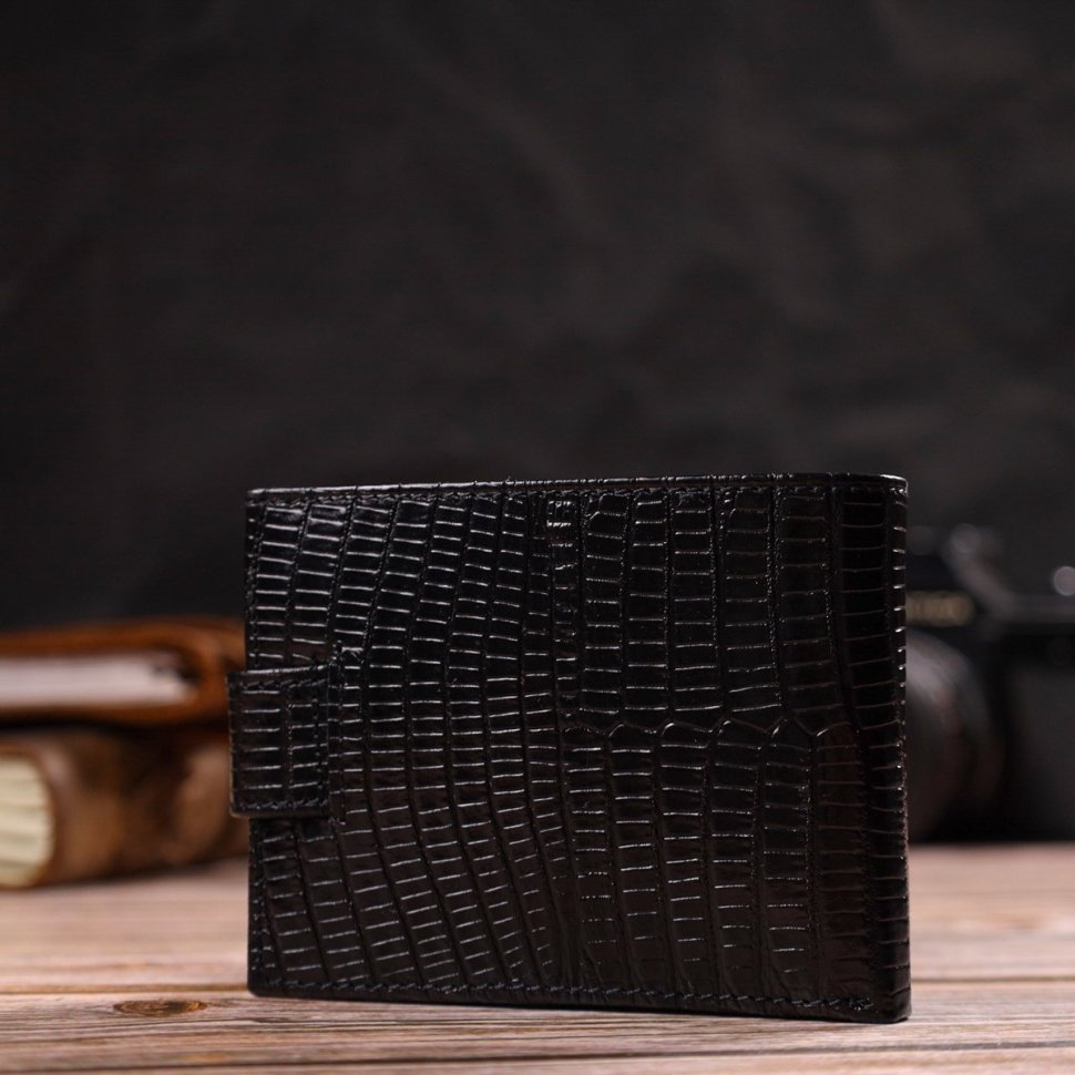 Лаковое мужское портмоне черного цвета из натуральной кожи с тиснением CANPELLINI (2421748)