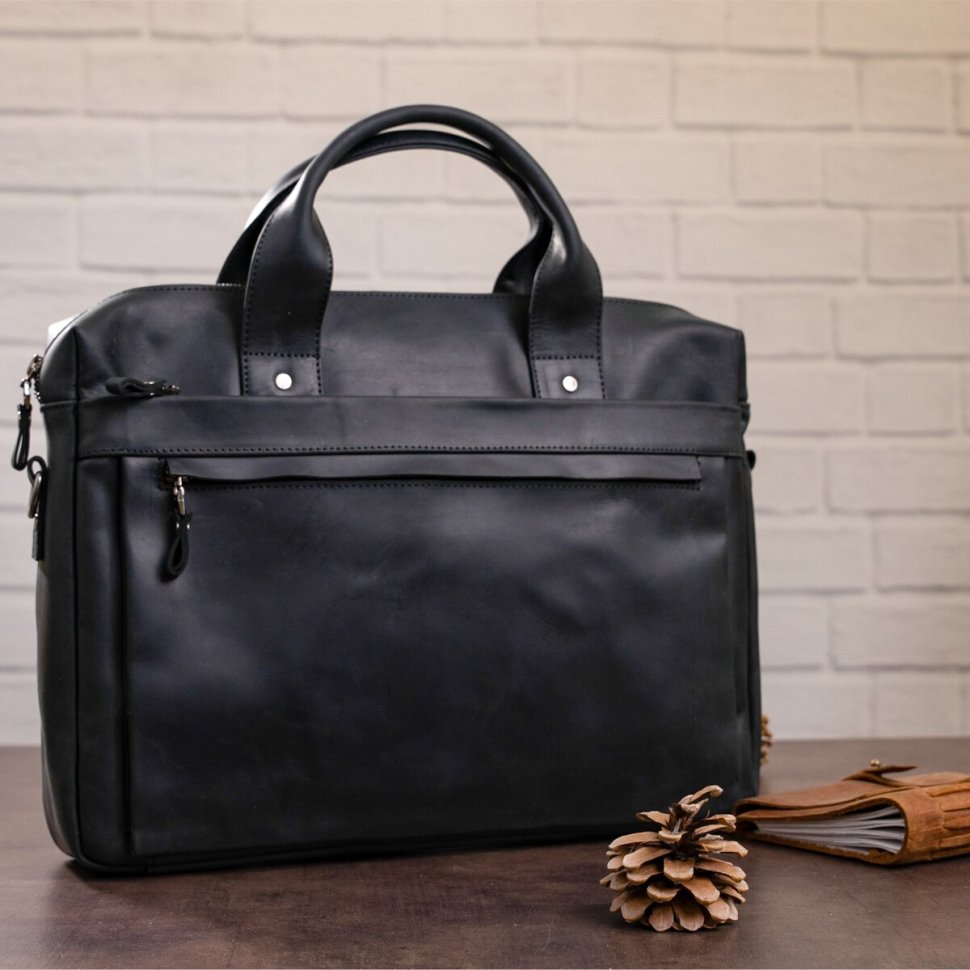 Черная мужская сумка для ноутбука из винтажной кожи SHVIGEL (11035)