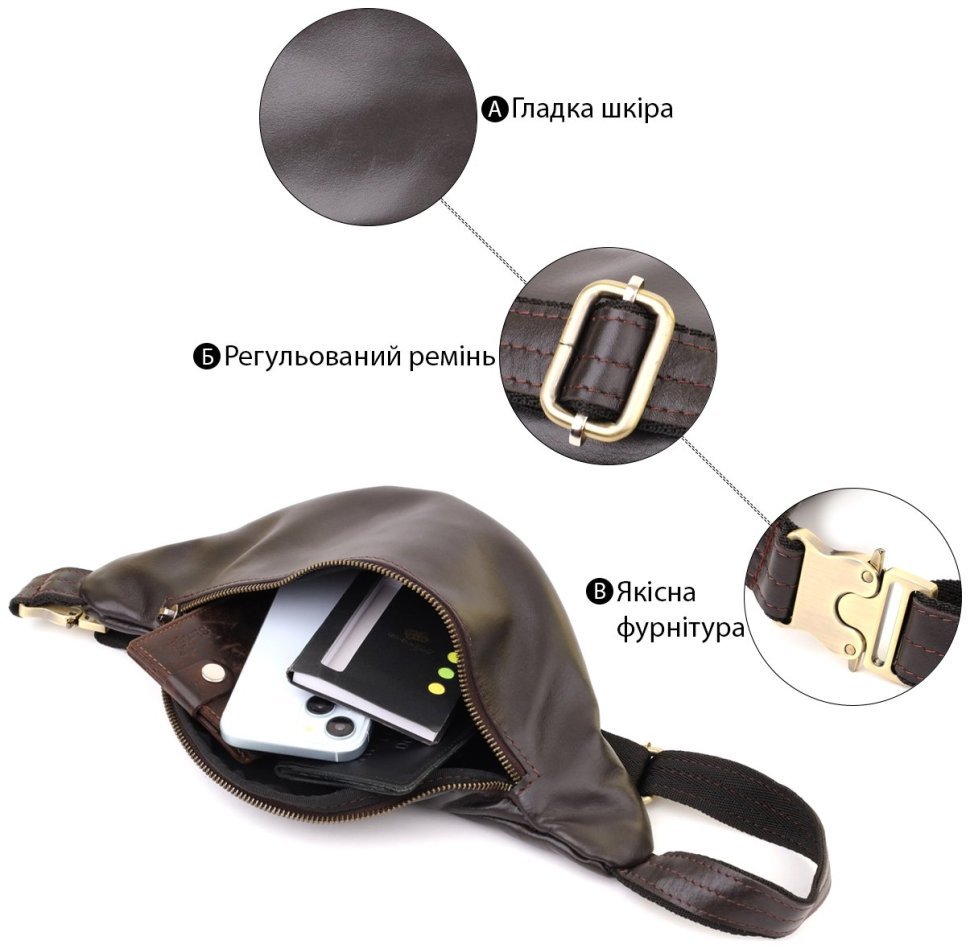 Стильная мужская сумка-бананка из натуральной кожи коричневого цвета Shvigel 95112 modnotak фото №4