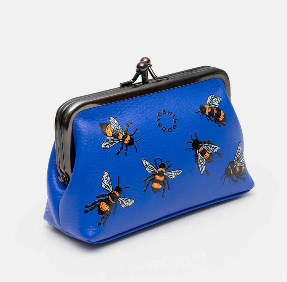 Жіночий шкіряний гаманець із застібкою поцілунок та RFID-захистом Yoshi Y1328 синього кольору з принтом бджілок 95512 modnotak фото №2