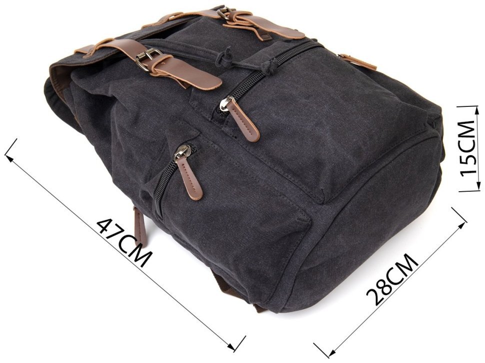 Чорний туристичний текстильний рюкзак з клапаном на кнопках Vintage (20608)