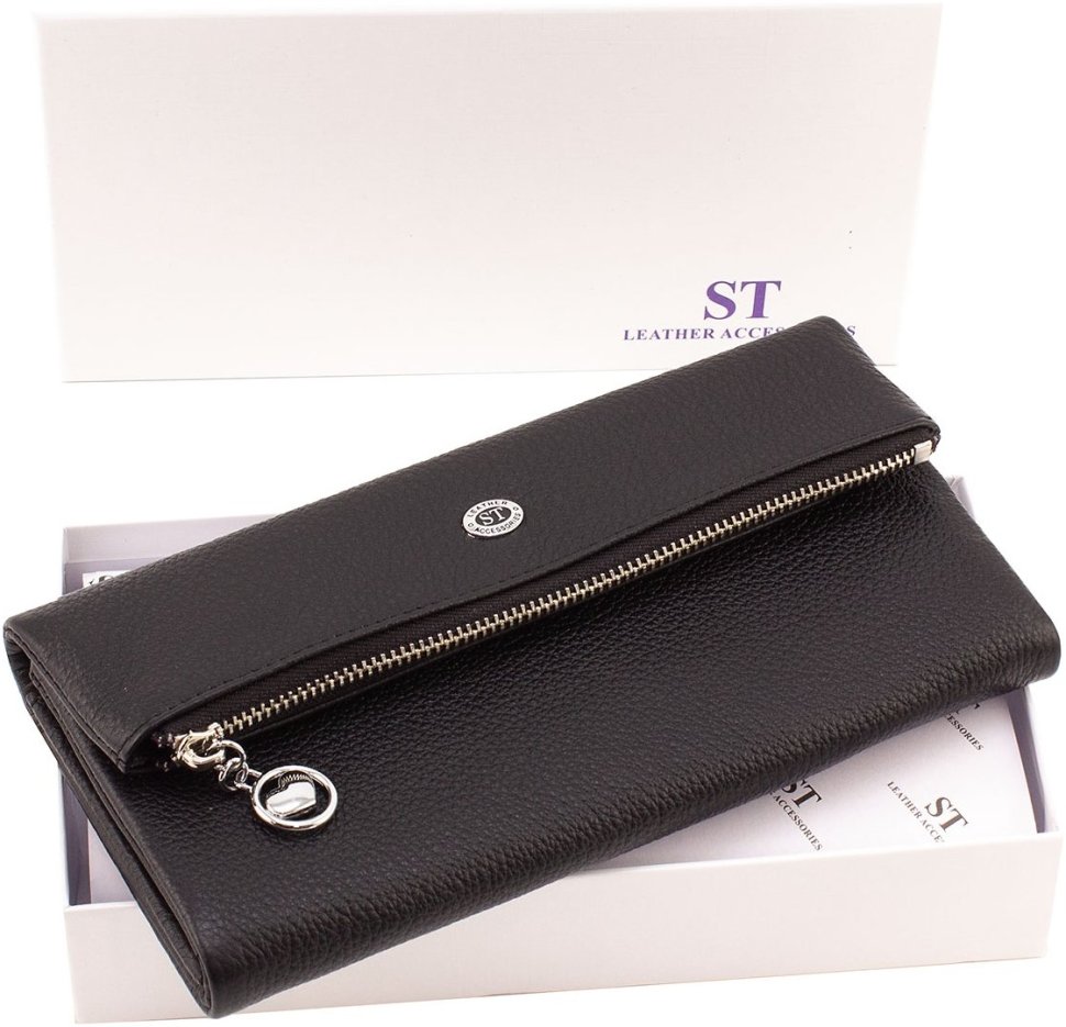 Женский кошелек из фактурной кожи черного цвета на кнопке ST Leather 1767412