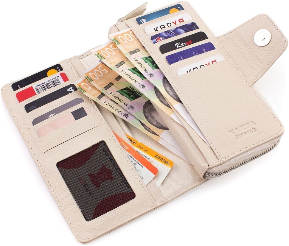 Жіночий гаманець великого розміру з натуральної шкіри бежевого кольору Karya 67512