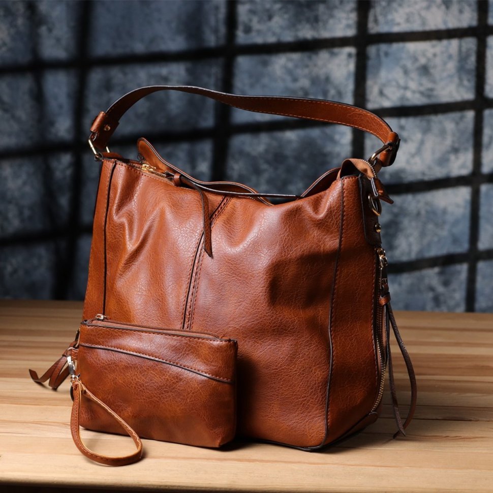 Большая женская сумка из качественного кожзама через плечо Vintage 98112 коричневого цвета modnotak фото №6