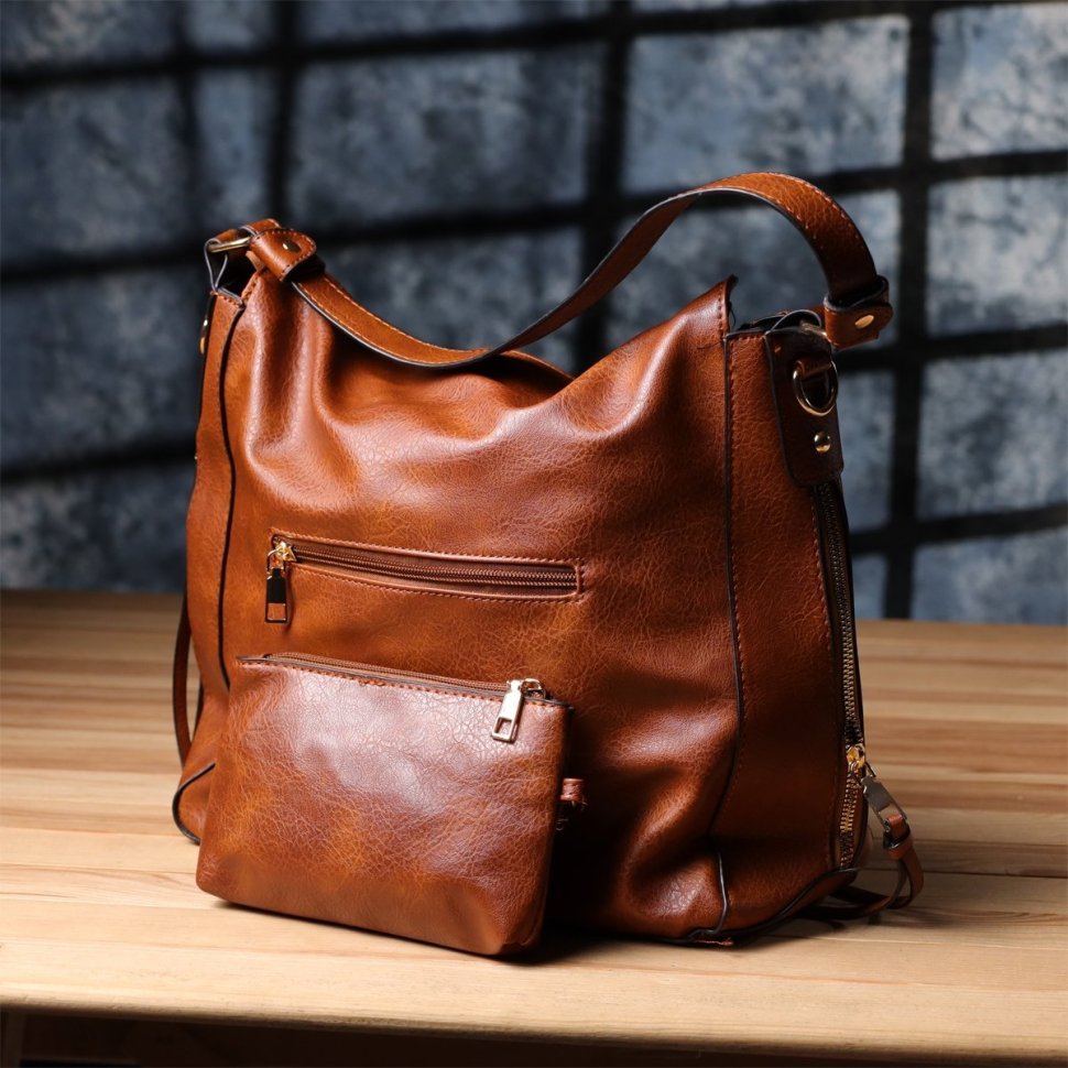 Большая женская сумка из качественного кожзама через плечо Vintage 98112 коричневого цвета modnotak фото №7