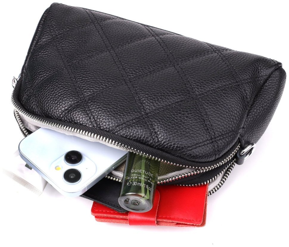 Міська жіноча сумка з фактурної шкіри на 2 відділення прошита ромбами Vintage 98212 чорного кольору modnotak фото №8