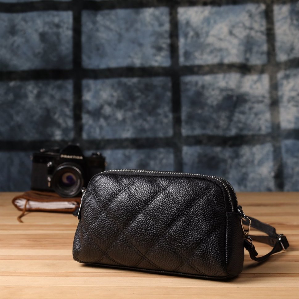 Міська жіноча сумка з фактурної шкіри на 2 відділення прошита ромбами Vintage 98212 чорного кольору modnotak фото №9