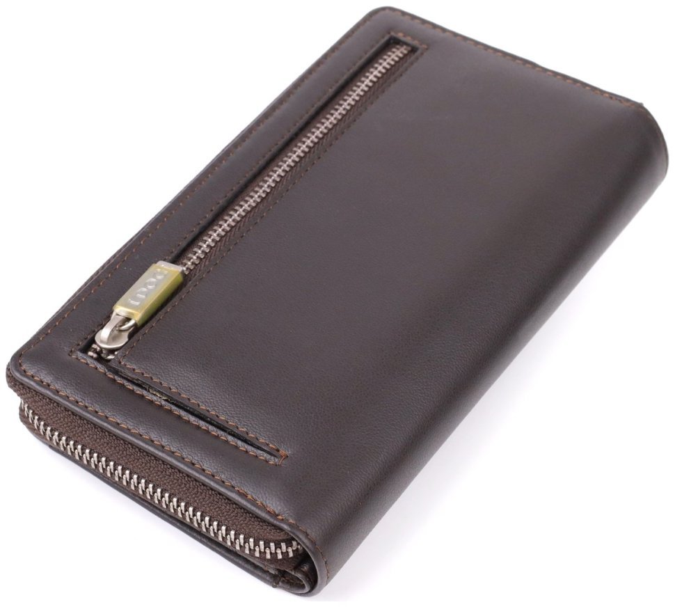 Вместительный женский кошелек из гладкой кожи с отделением на молнии для купюр и карт на кнопке Tony Perotti коричневого цвета 108512 modnotak фото №2