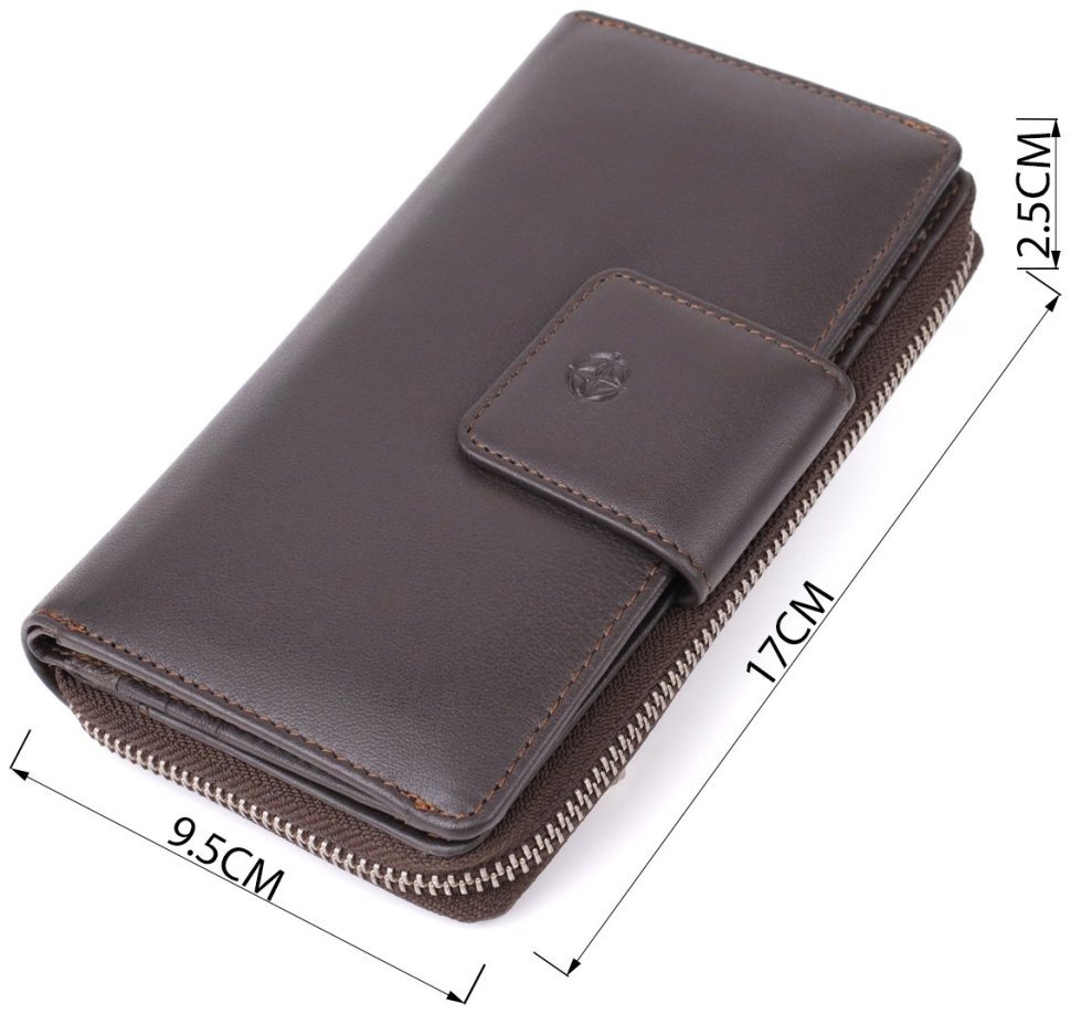 Вместительный женский кошелек из гладкой кожи с отделением на молнии для купюр и карт на кнопке Tony Perotti коричневого цвета 108512 modnotak фото №3