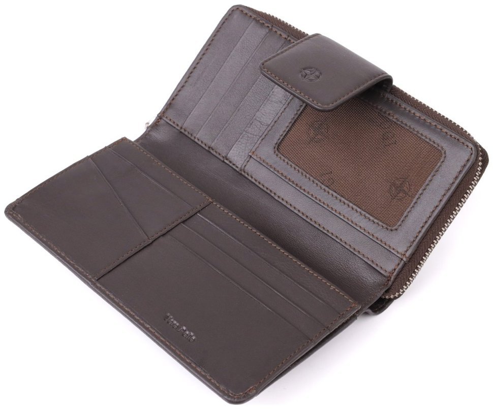 Вместительный женский кошелек из гладкой кожи с отделением на молнии для купюр и карт на кнопке Tony Perotti коричневого цвета 108512 modnotak фото №7