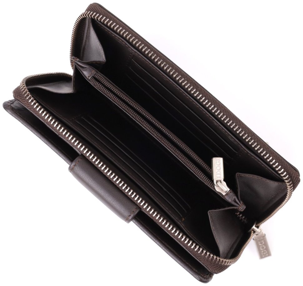 Вместительный женский кошелек из гладкой кожи с отделением на молнии для купюр и карт на кнопке Tony Perotti коричневого цвета 108512 modnotak фото №9