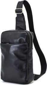 Чоловічий чорний слінг рюкзак через плече з натуральної гладкої шкіри TARWA (21651)