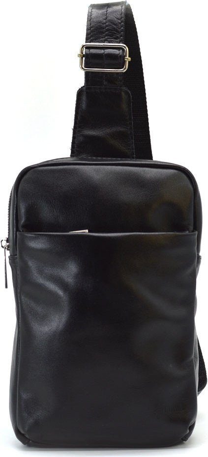 Мужской черный слинг-рюкзак через плечо из натуральной гладкой кожи TARWA (21651)