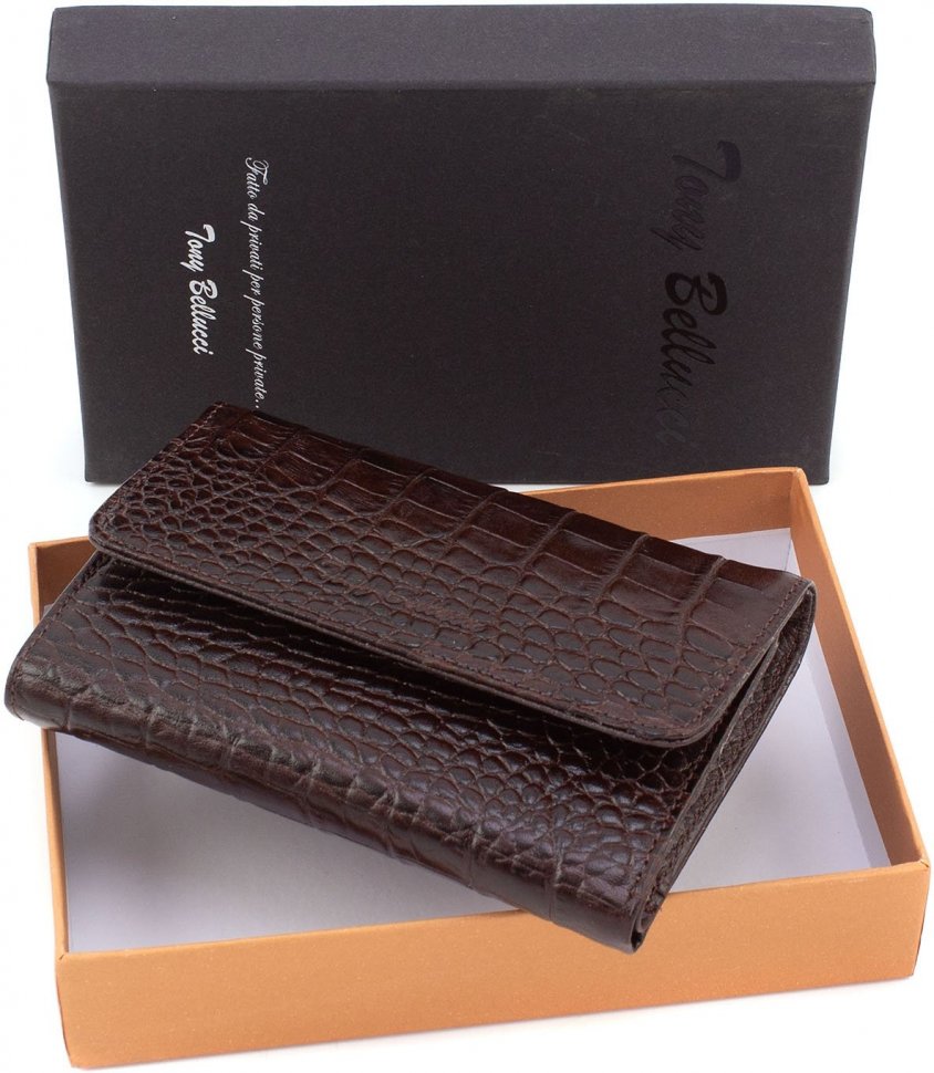 Шкіряний жіночий гаманець потрійного складання в коричневому кольорі Tony Bellucci (10846)