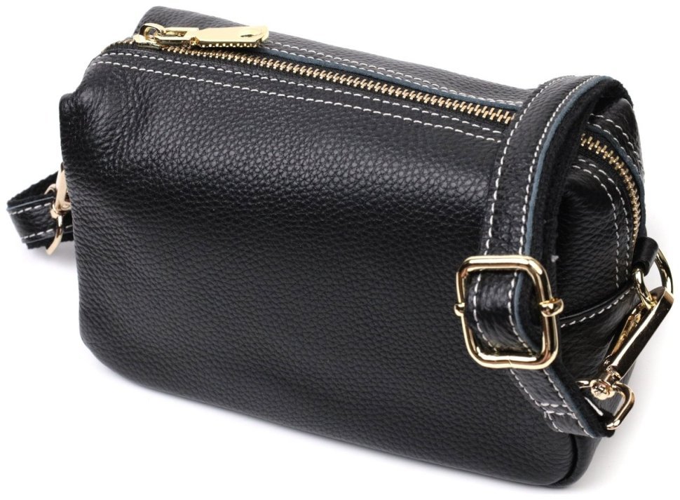 Чорна жіноча сумка з натуральної шкіри флотар із золотистою фурнітурою Vintage 2422276