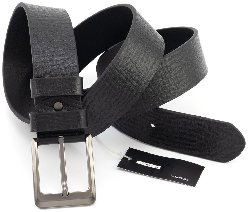 Широкий ремінь чоловічий з італійської фактурної шкіри батал до 140 см Gherardini 45063 (чорний) modnotak фото №4