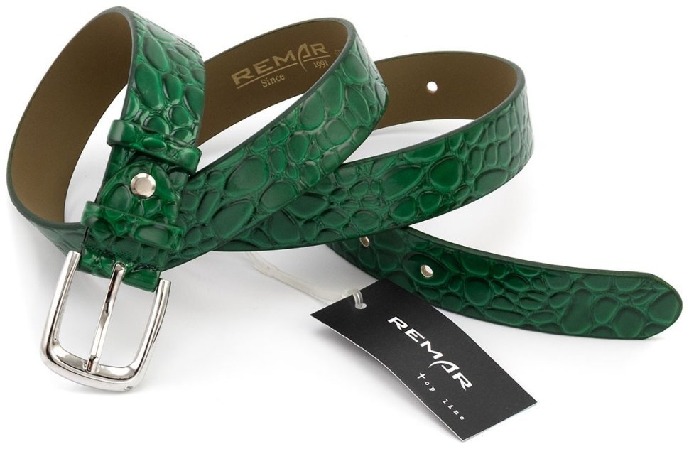 Ремень женский из лаковой кожи под рептилию Leather Collection 30118 зеленого цвета фото №3 Ремень женский из лаковой кожи под рептилию Leather Collection 30118 зеленого цвета modnotak фото №3
