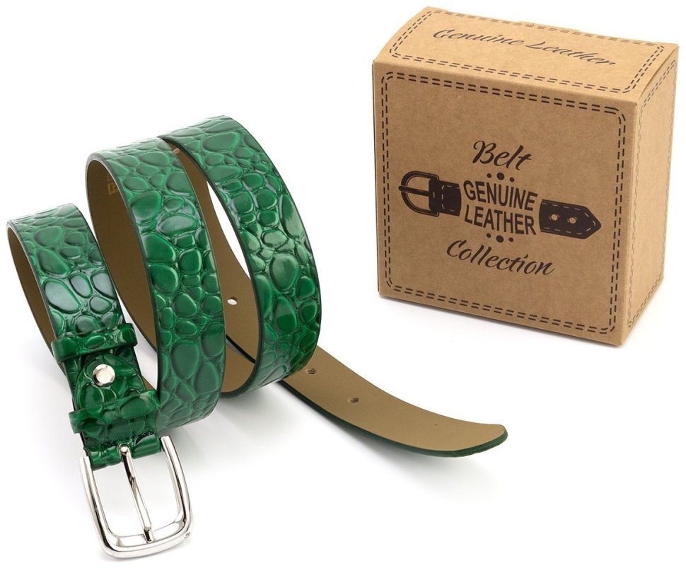 Ремень женский из лаковой кожи под рептилию Leather Collection 30118 зеленого цвета фото №5 Ремень женский из лаковой кожи под рептилию Leather Collection 30118 зеленого цвета modnotak фото №5