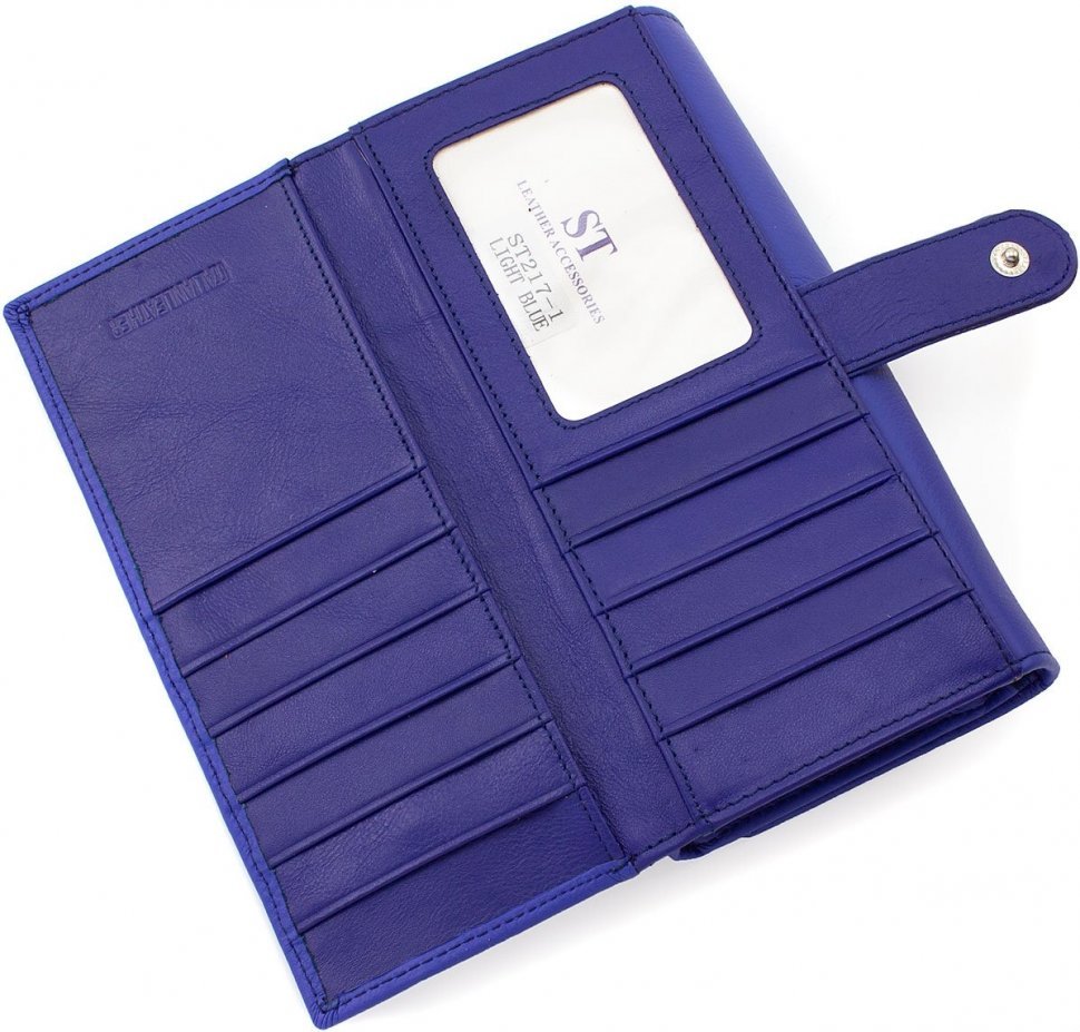 Ярко-синий большой женский кошелек из натуральной кожи с блоком под карточки ST Leather (19086)